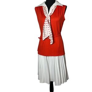 Vintage R&K Originals 70s Red White Two Piece Pleated Skirt Tunic Set Sz 12 Mod